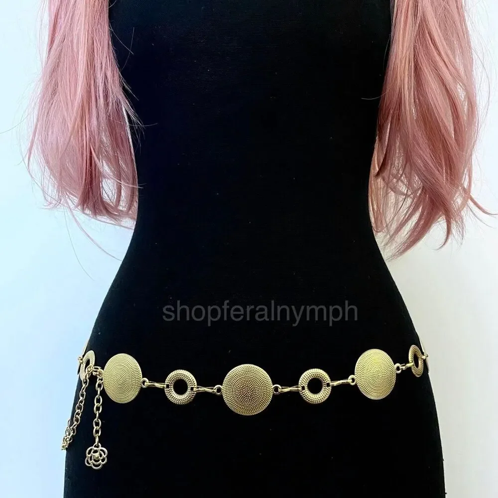 Gold Y2K Textured Disc Open Ring Waist Chain Belt, Fits 24-42 Inches, X7GA1359